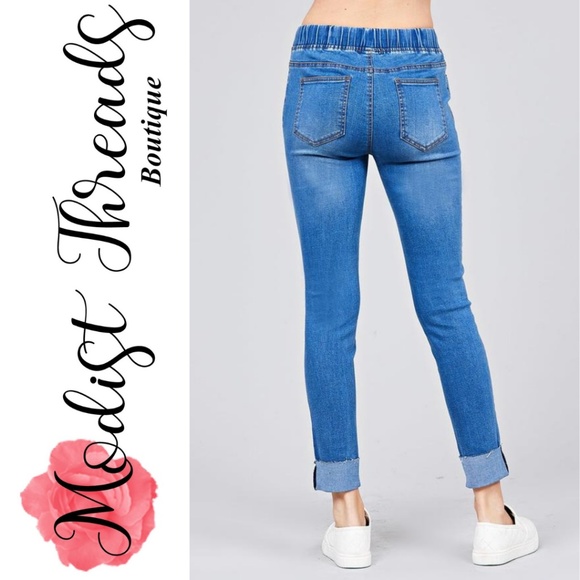 Drawstring Roll Cuff Washed Denim Skinny Pants - Picture 4 of 4